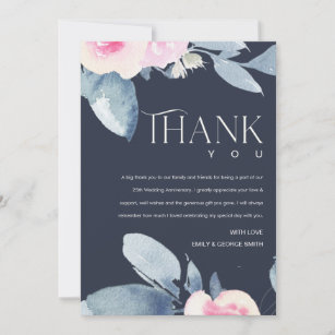 NAVY BLUSH BLUE FLORAL 25TH ANY YEAR ANNIVERSARY THANK YOU CARD