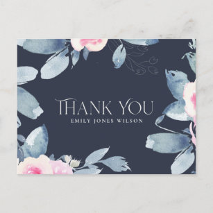 NAVY BLUSH BLUE FLORAL ANY AGE BIRTHDAY THANK YOU ANNOUNCEMENT POSTCARD