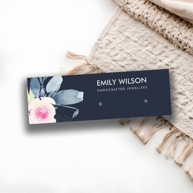 NAVY BLUSH BLUE FLORAL STUD EARRING DISPLAY LOGO MINI BUSINESS CARD (Creator Uploaded)