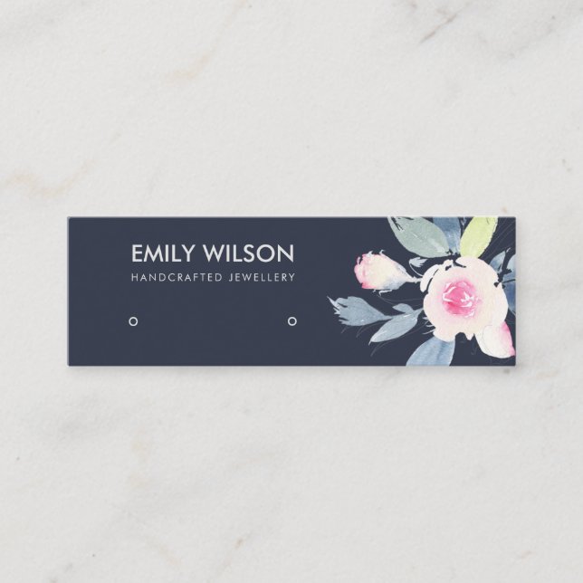 NAVY BLUSH BLUE FLORAL STUD EARRING DISPLAY LOGO MINI BUSINESS CARD (Front)