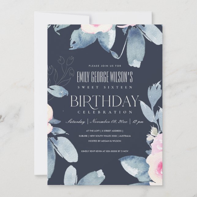 NAVY BLUSH BLUE FLORAL SWEET 16 ANY AGE BIRTHDAY INVITATION (Front)