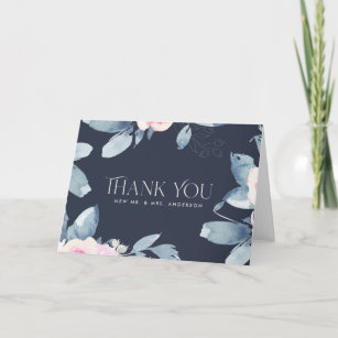 NAVY BLUSH BLUE FLORAL WATERCOLOR FRAME WEDDING THANK YOU CARD