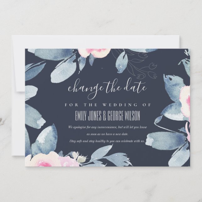NAVY BLUSH BLUE FLORAL WEDDING CHANGE THE DATE INVITATION (Front)