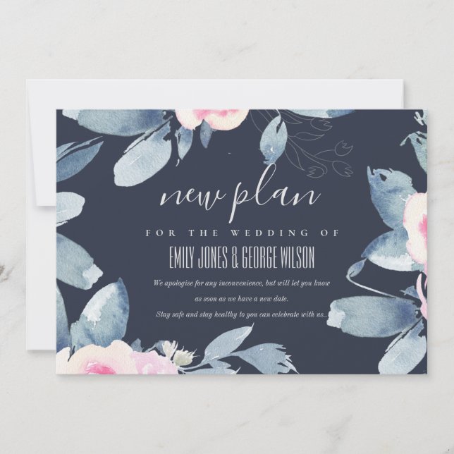 NAVY BLUSH BLUE FLORAL WEDDING FRAME NEW PLAN INVITATION (Front)