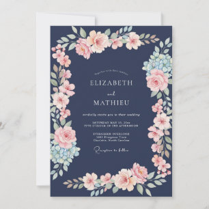 Navy Blush Botanical Floral Wedding Invitation