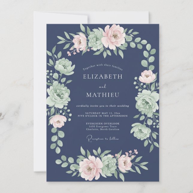 Navy Blush Botanical Romance Wedding Invitation (Front)