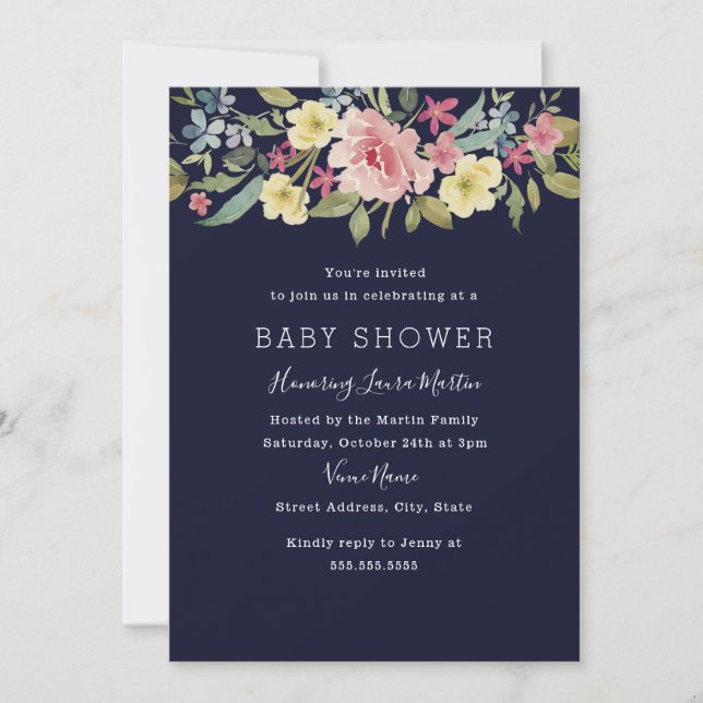 Navy Blush Botanical Watercolor Baby Shower Invitation (Front)