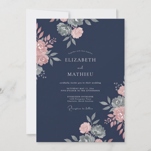 Navy Blush Botanical Watercolor Wedding Invitation (Front)