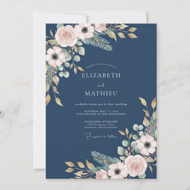Navy Blush Botanical Wedding Invitation (Front)
