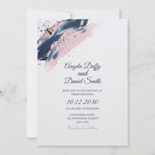 Navy Blush Brushstroke Wedding Invitation (Front)