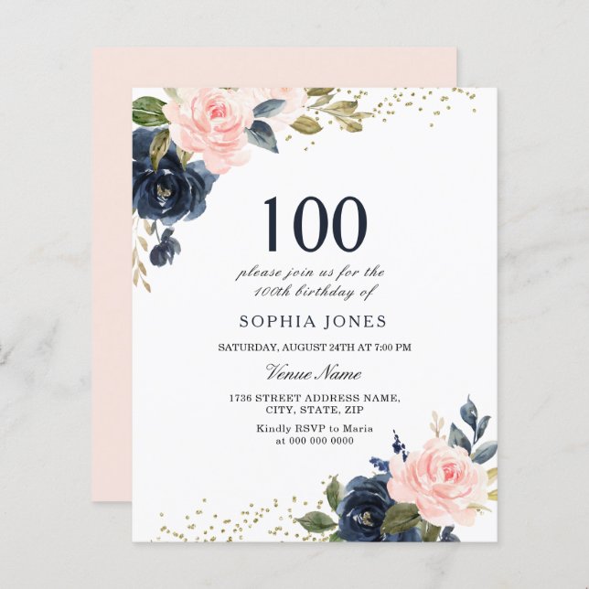 Navy & Blush Budget 100th Birthday Invitation (Front/Back)