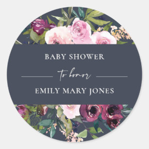 NAVY BLUSH BURGUNDY FLORAL BUNCH BABY SHOWER CLASSIC ROUND STICKER