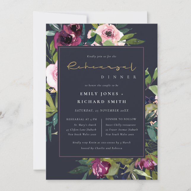 NAVY BLUSH BURGUNDY FLORAL BUNCH REHEARSAL DINNER INVITATION (Front)