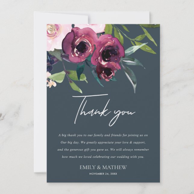 NAVY BLUSH BURGUNDY FLORAL BUNCH WEDDING THANK YOU INVITATION (Front)