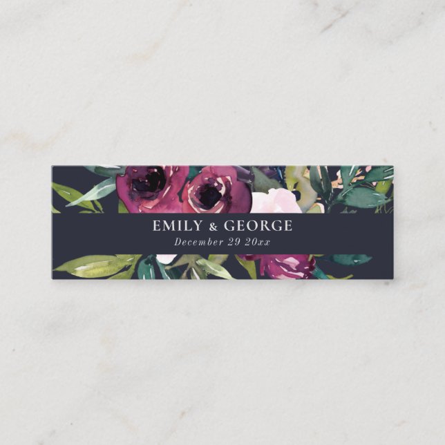 NAVY BLUSH BURGUNDY FLORAL BUNCH WEDDING WEBSITE MINI BUSINESS CARD (Front)