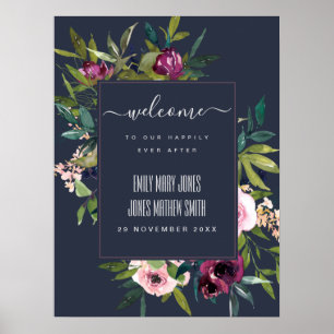 NAVY BLUSH BURGUNDY FLORAL BUNCH WEDDING WELCOME POSTER