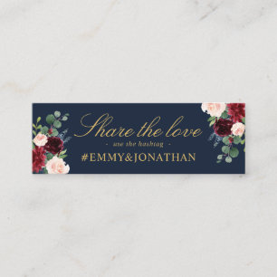 Navy & blush,burgundy floral wedding hashtag card