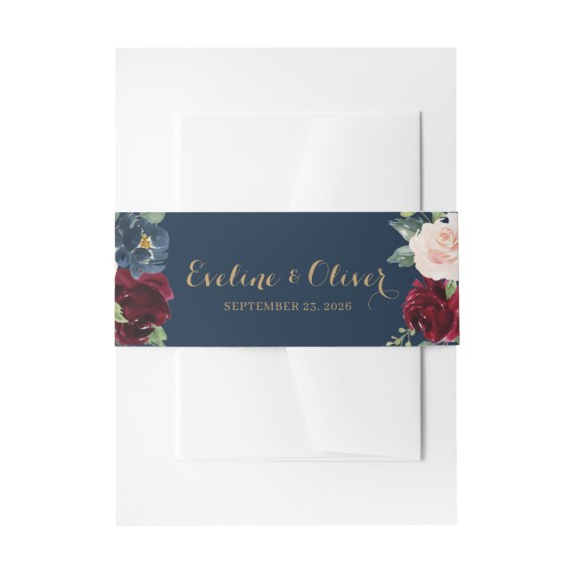 Navy blush burgundy pink floral gold gold wedding invitation belly band (Front Example)