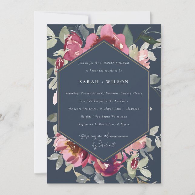NAVY BLUSH BURGUNDY ROSE COUPLES SHOWER INVITE (Front)