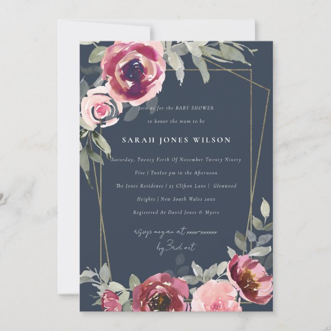 NAVY BLUSH BURGUNDY ROSE FLORAL BABY SHOWER INVITE (Front)