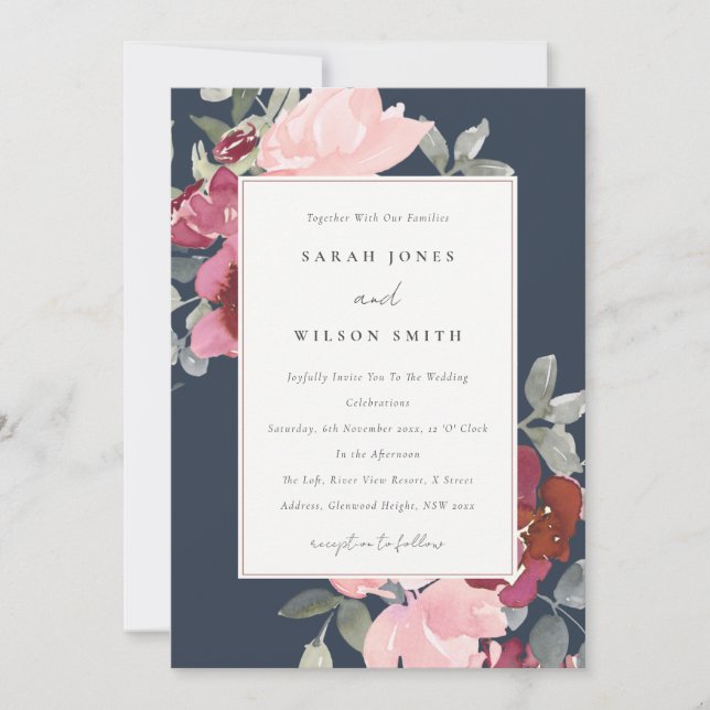 NAVY BLUSH BURGUNDY ROSE FLORAL WEDDING INVITE (Front)