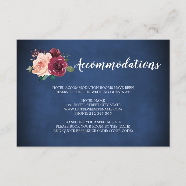 Navy Blush Burgundy Rose Wedding Accommodations Enclosure Card (Front)