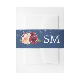 Navy Blush Burgundy Roses Lights Wedding Monogram Invitation Belly Band
