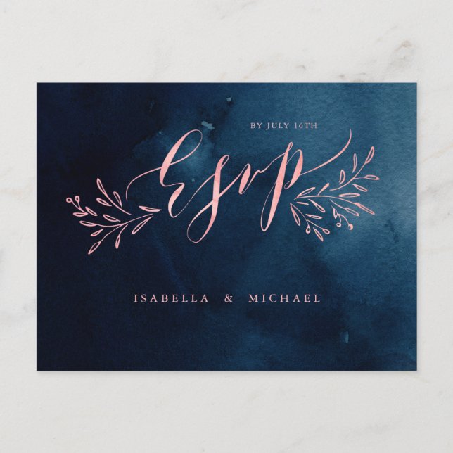 Navy blush calligraphy rustic floral wedding RSVP Invitation Postcard (Front)