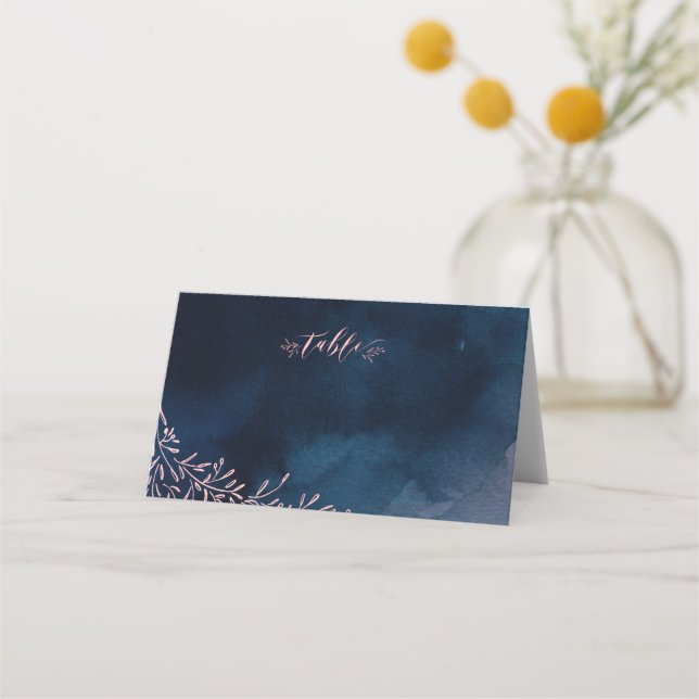 Navy blush calligraphy rustic wedding place cards (Front)