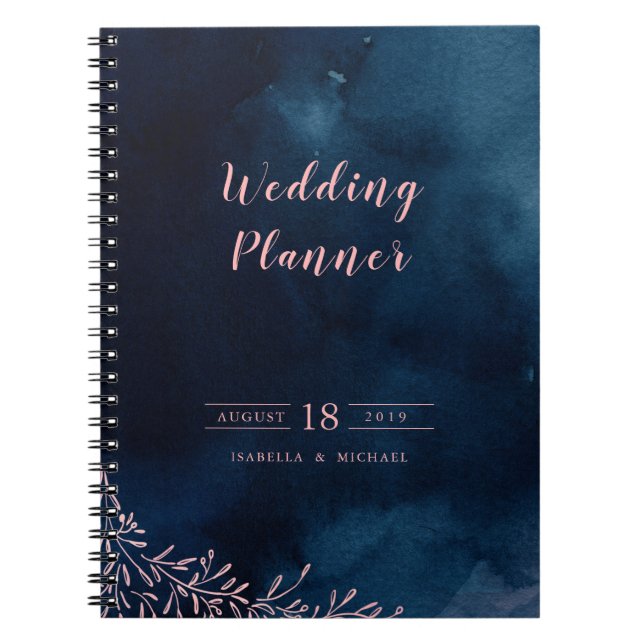 Navy blush calligraphy rustic wedding planner spiral notebook (Front)