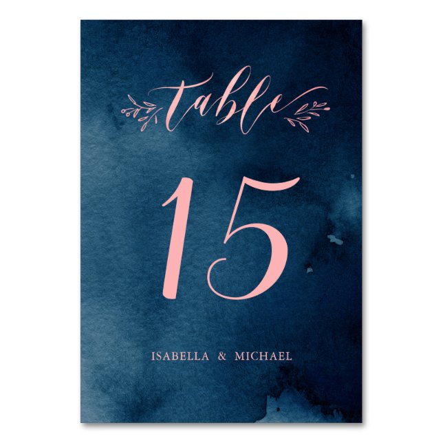 Navy blush calligraphy rustic wedding table number (Front)