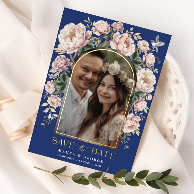 Navy Blush Chinoiserie Flowers Photo Save the Date (Creator Uploaded)