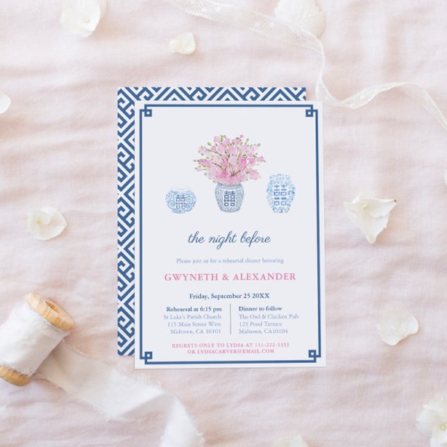 Navy Blush Chinoiserie Wedding Rehearsal & Dinner Invitation (Creator Uploaded)