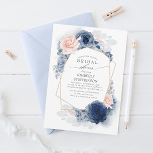 Navy Blush Dusty Blue Floral Modern Bridal Shower Invitation