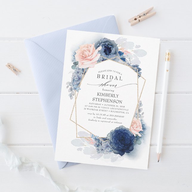 Navy Blush Dusty Blue Floral Modern Bridal Shower Invitation (Creator Uploaded)