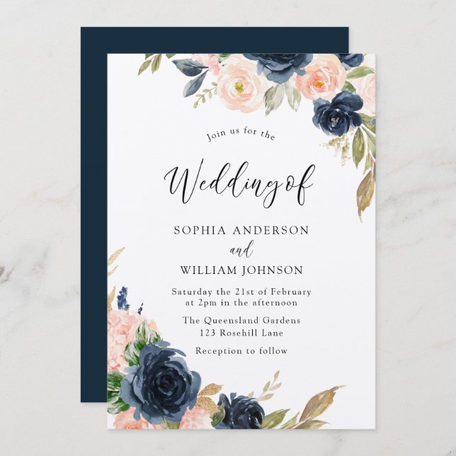 Navy & Blush Elegance: Beautiful Floral Wedding Invitation (Front/Back)