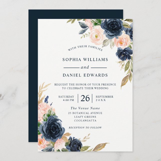 Navy & Blush Elegant All Seasons Wedding Invitation (Front/Back)