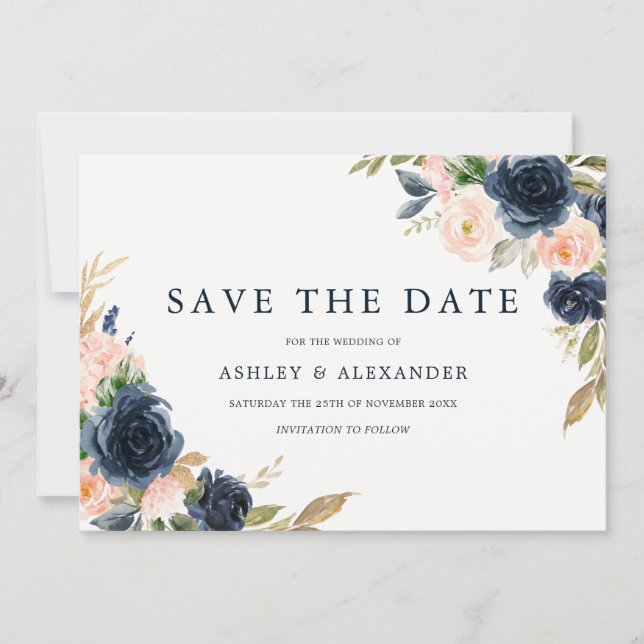 Navy Blush Elegant Modern Floral Wedding Save The Date (Front)