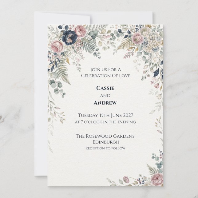 Navy Blush Eucalyptus Floral Wedding Invitation (Front)