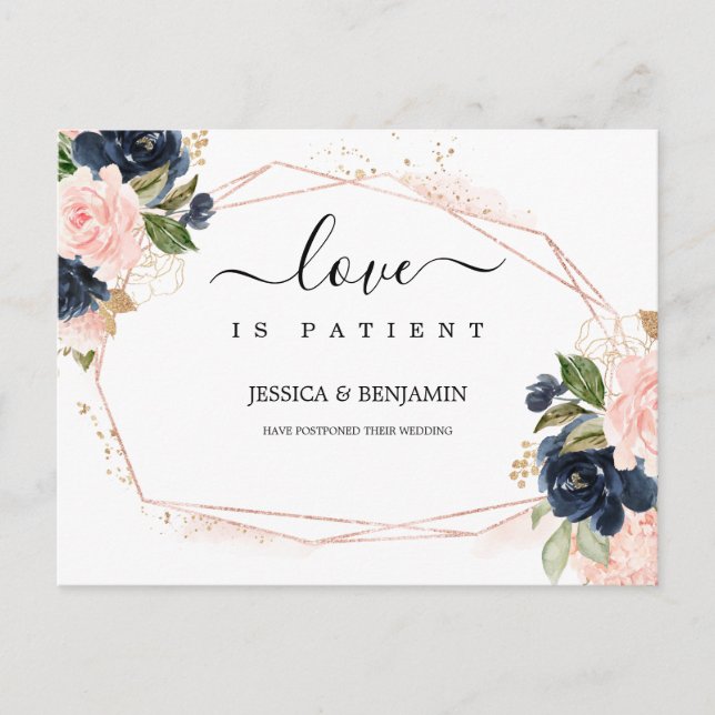 Navy Blush Flora Frame Love is Patient Postponed Postcard (Front)