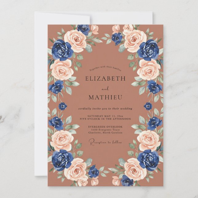 Navy Blush Floral Arch Wedding Invitation (Front)