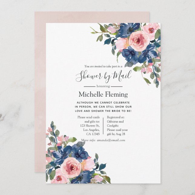 Navy & Blush Floral Bridal or Baby Shower by Mail Invitation (Front/Back)