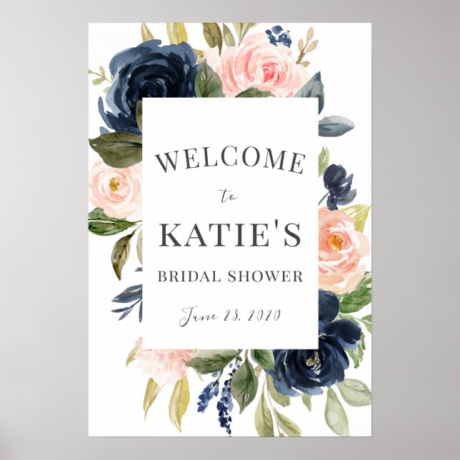 Navy & Blush Floral Bridal Shower Welcome Poster (Front)