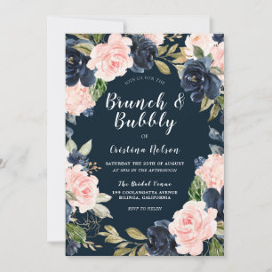 Navy & Blush Floral Brunch & Bubbly Bridal Shower Invitation