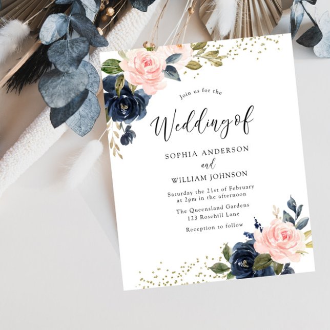 Navy & Blush Floral Budget Wedding Invitation (Creator Uploaded)