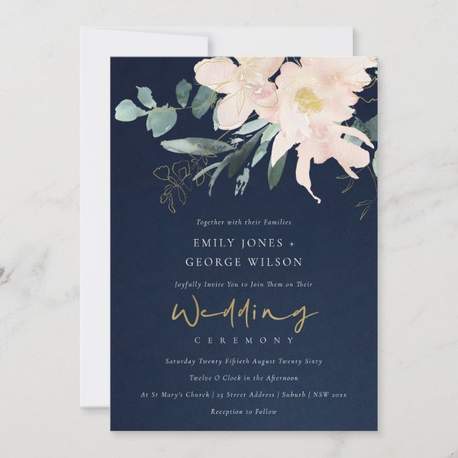 NAVY BLUSH FLORAL BUNCH WATERCOLOR WASH WEDDING INVITATION (Front)