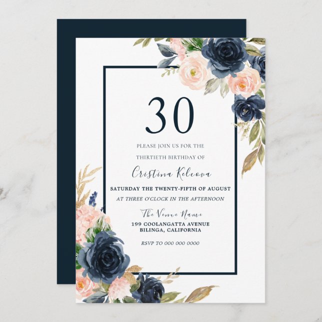 Navy & Blush Floral Elegant 30th Birthday Party Invitation (Front/Back)