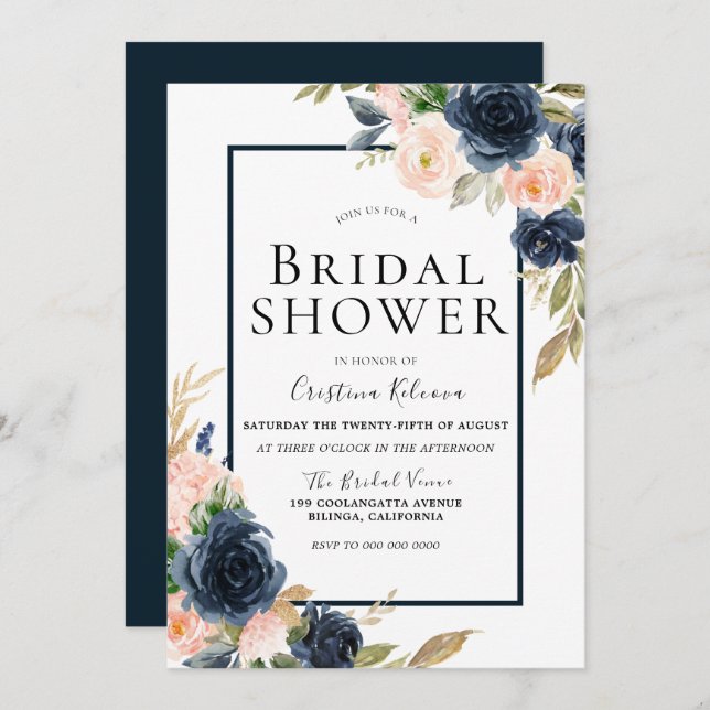 Navy & Blush Floral Elegant Bridal Shower Invitation (Front/Back)