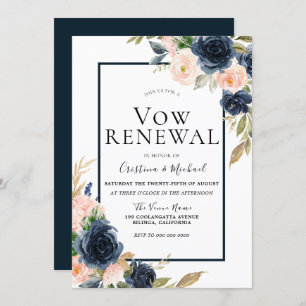Navy & Blush Floral Elegant Vow Renewal Invitation