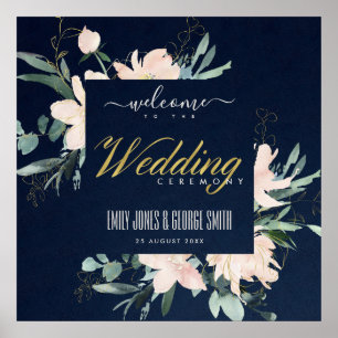 NAVY BLUSH FLORAL FRAME WATERCOLOR WEDDING WELCOME POSTER
